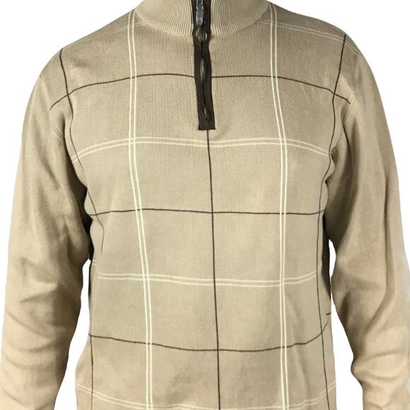 ALEX CANNON Sweater Khaki Striped Half Zip Mock Neck Cotton Pullover Large EUC - Picture 3 of 9